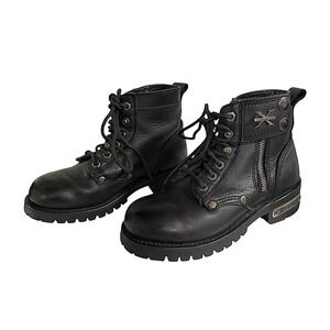 Xelement Black Leather Lace Up Biker Moto Boots Side Zip Womens 6M